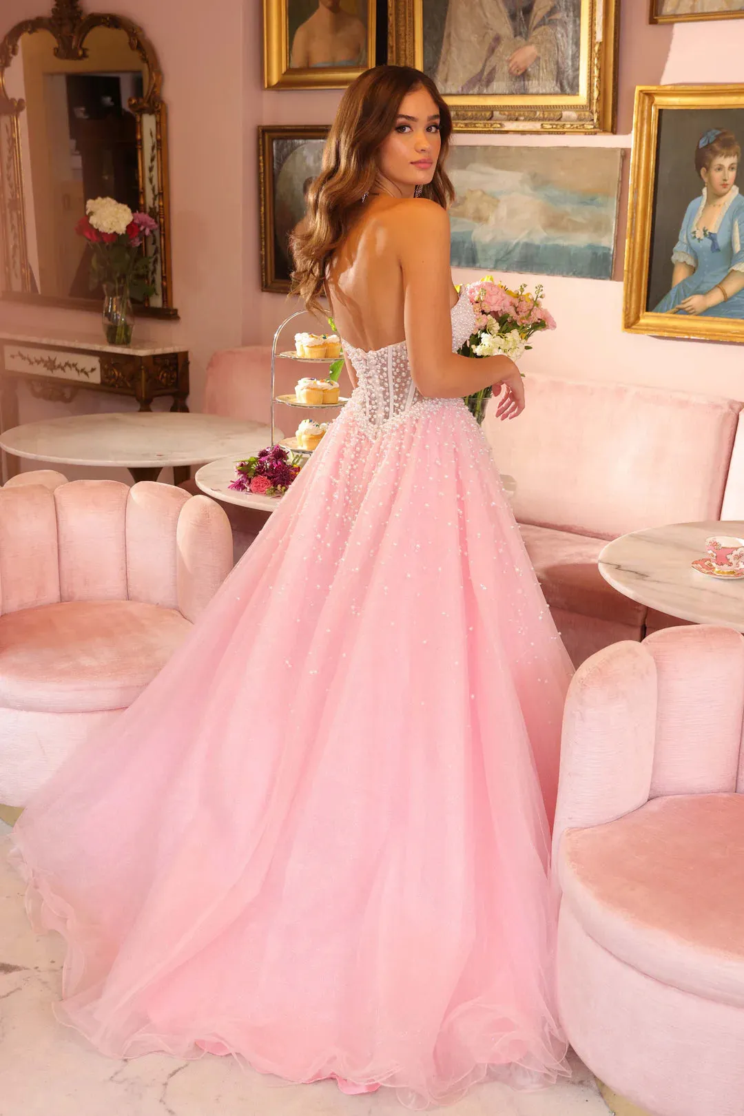 Ava Presley 29226 Sheer Pearl Corset Prom Dress Formal Ball Gown Pageant A Line V Neck