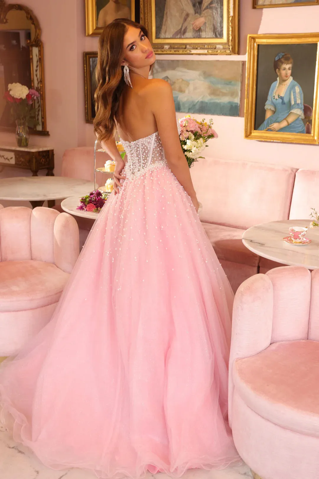 Ava Presley 29226 Sheer Pearl Corset Prom Dress Formal Ball Gown Pageant A Line V Neck