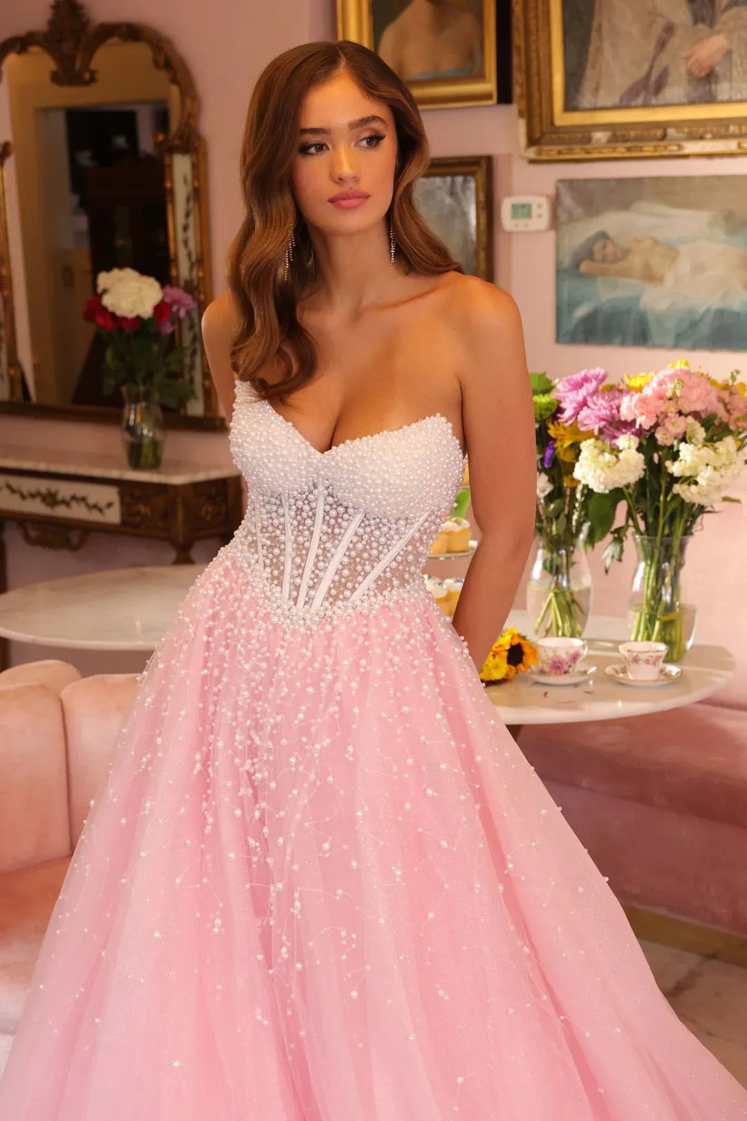 Ava Presley 29226 Sheer Pearl Corset Prom Dress Formal Ball Gown Pageant A Line V Neck