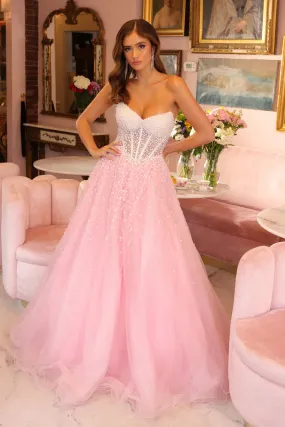 Ava Presley 29226 Sheer Pearl Corset Prom Dress Formal Ball Gown Pageant A Line V Neck