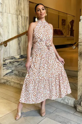 AX PARIS CREAM AND BROWN PRINT HIGH NECK TIE BELT MIDI DRESS