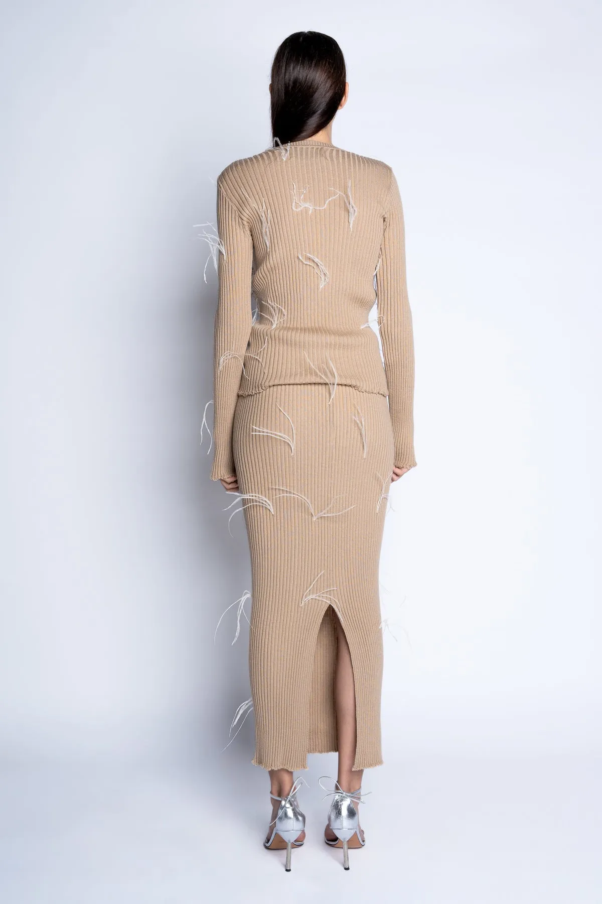 BEIGE MERINO WOOL FEATHER LONG SKIRT