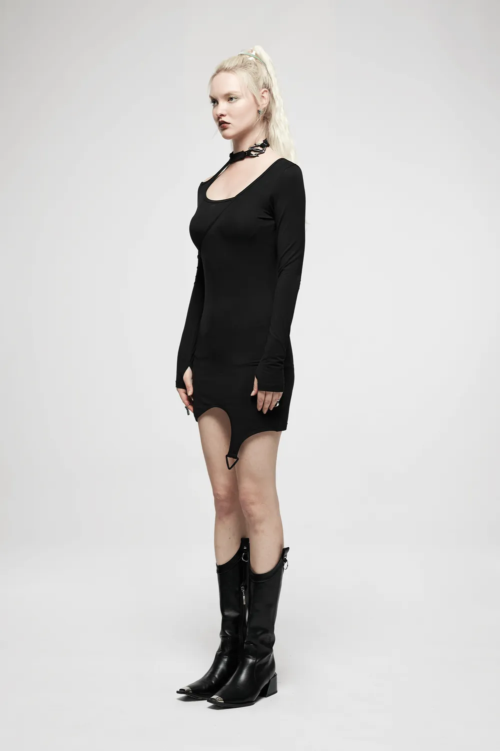 Black Asymmetric Cutout Party Dress with Buckle