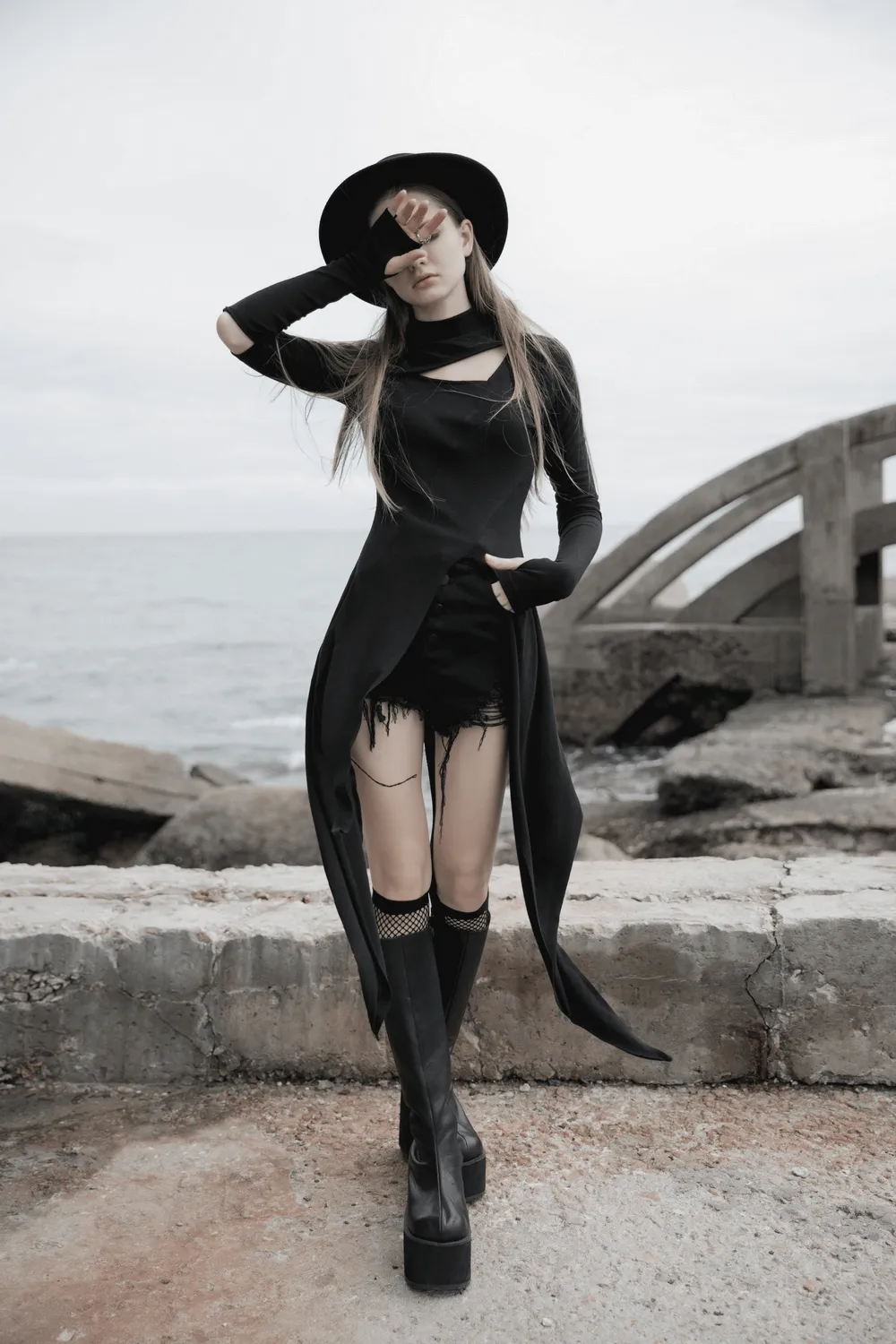Black Asymmetric Knit Dress with Sleeve Cut-Outs