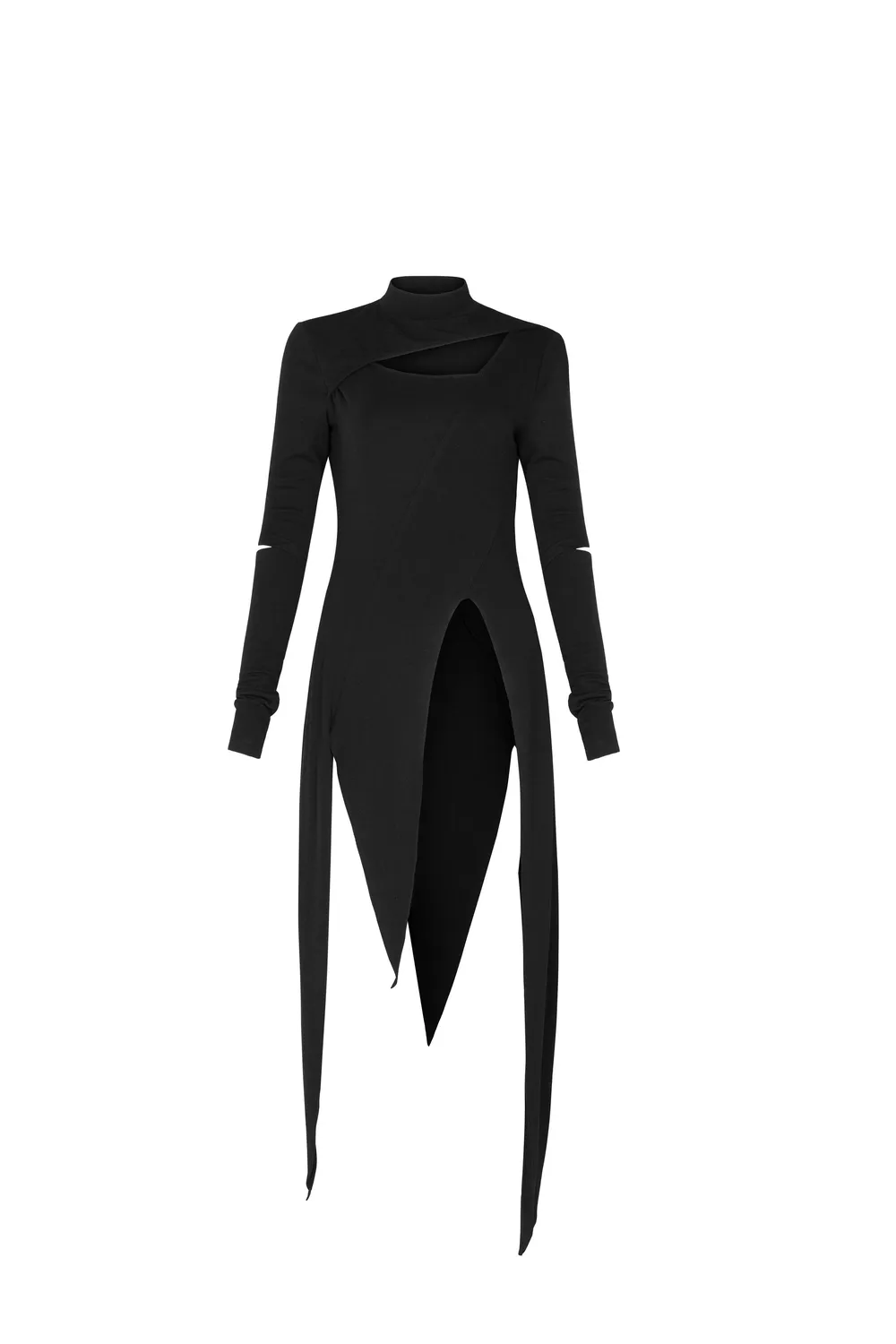 Black Asymmetric Knit Dress with Sleeve Cut-Outs