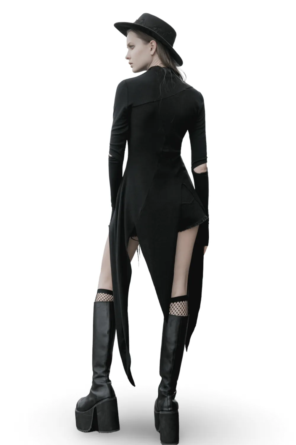 Black Asymmetric Knit Dress with Sleeve Cut-Outs