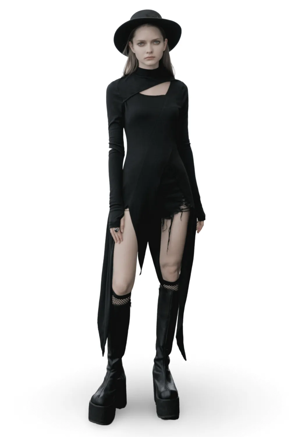 Black Asymmetric Knit Dress with Sleeve Cut-Outs