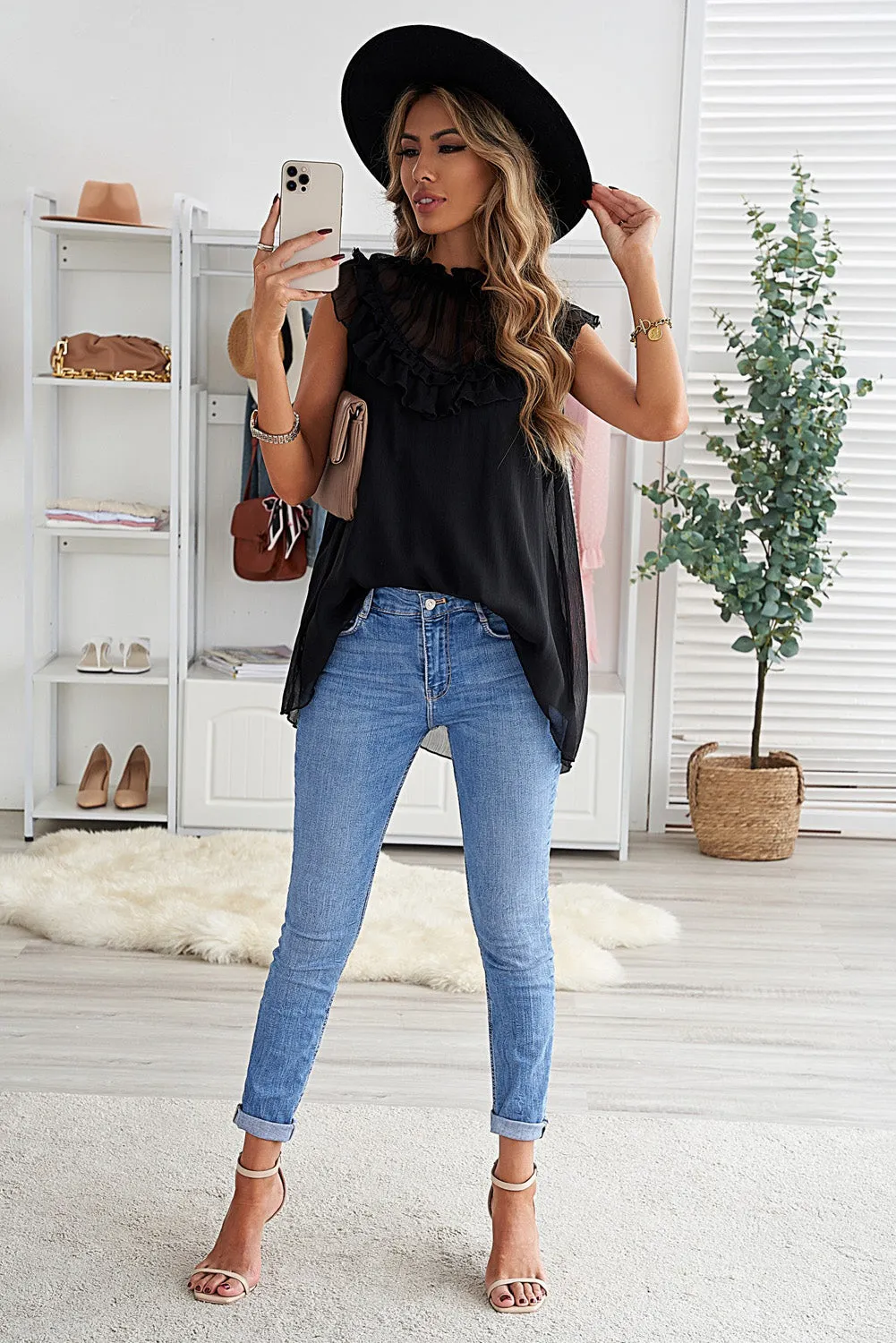 Black O Neck Frilled Detail Tulle Tank Top