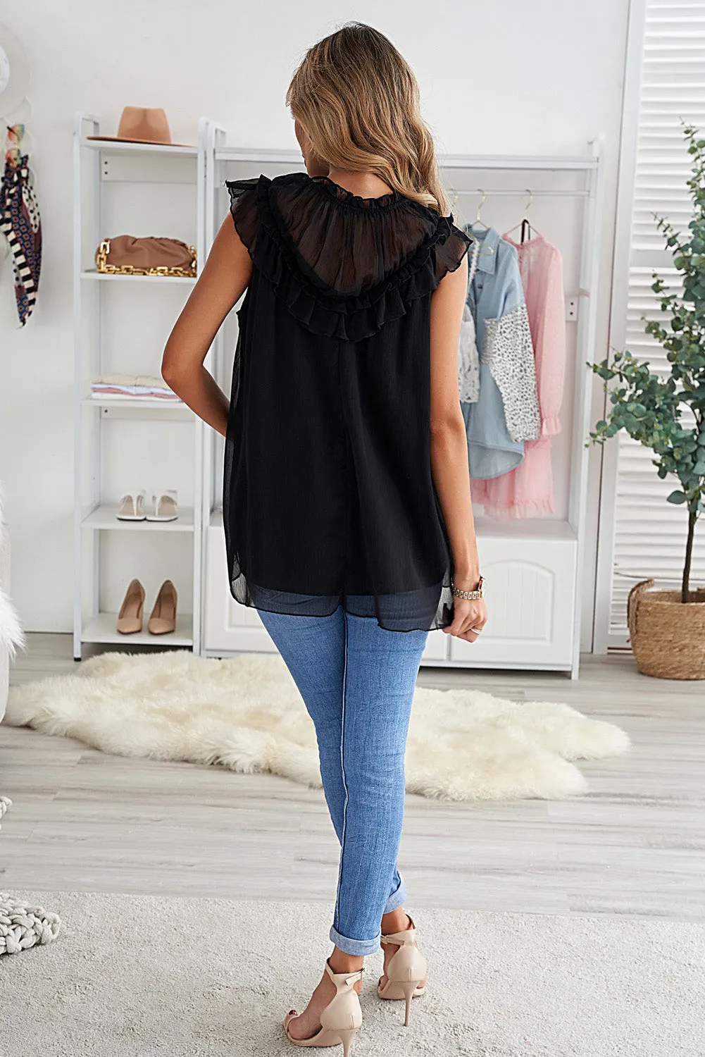 Black O Neck Frilled Detail Tulle Tank Top