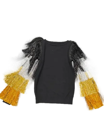 Black to Gold Ombre Tinsel Tassel Sleeve Sweater