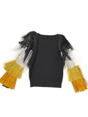 Black to Gold Ombre Tinsel Tassel Sleeve Sweater