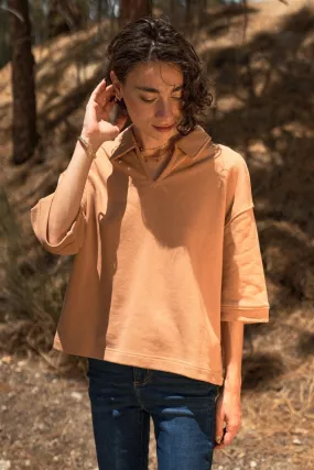 Camel Boxy Wide Half-Sleeve Collared Oversized Raglan Top /1-2-2-1