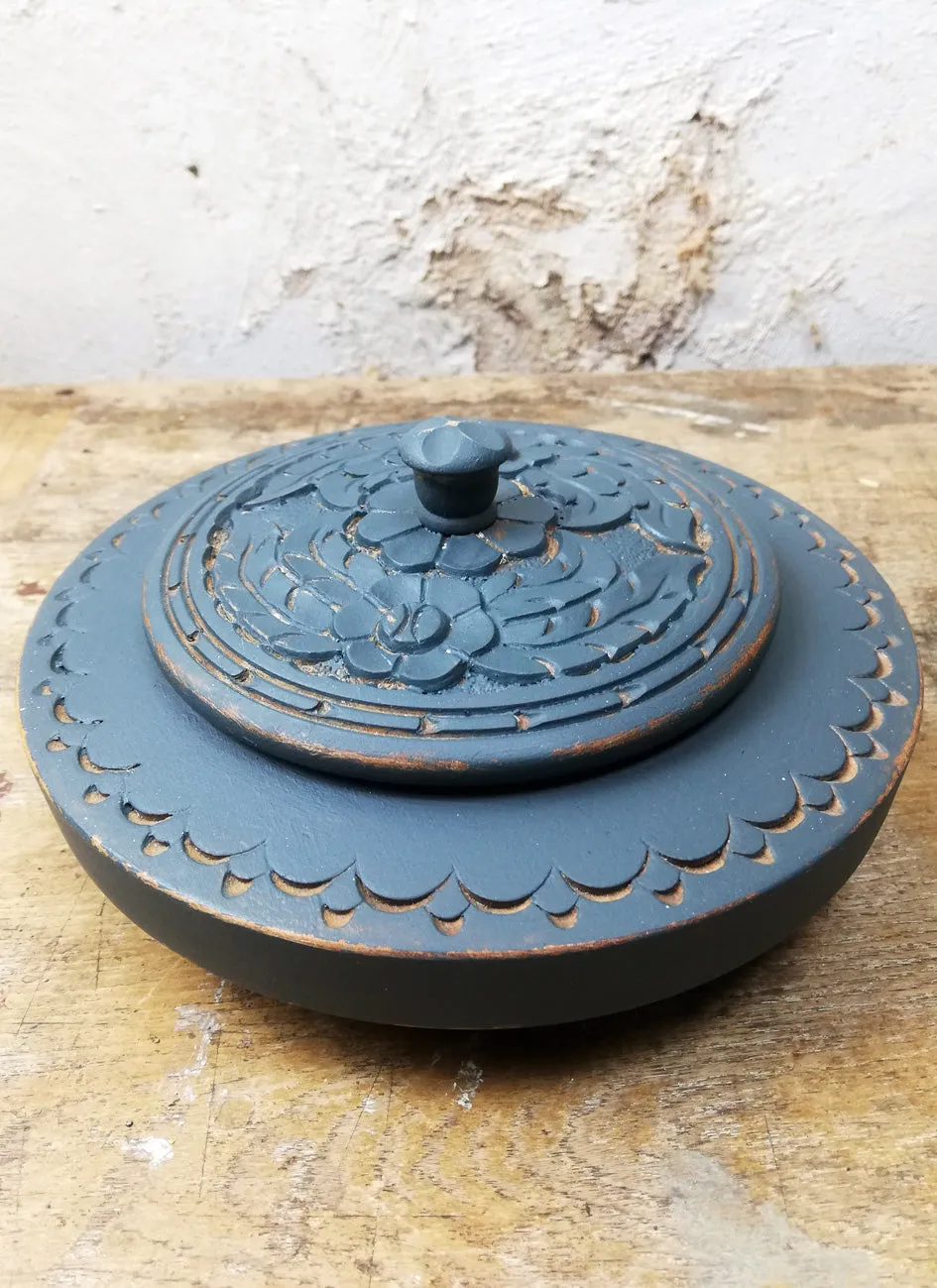 Carved wooden box painted in a custom colour of miss mustard seed milk paint.