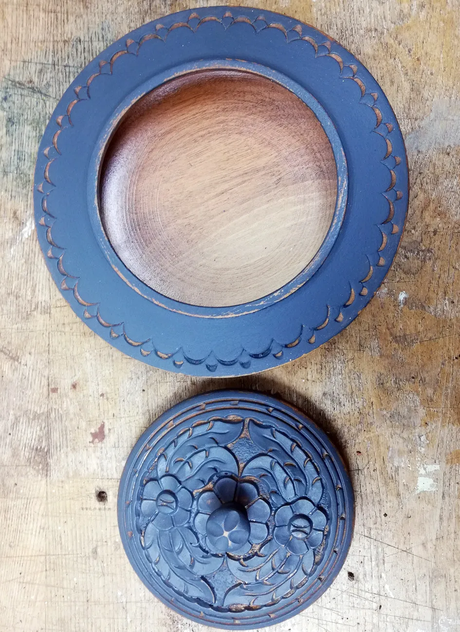 Carved wooden box painted in a custom colour of miss mustard seed milk paint.