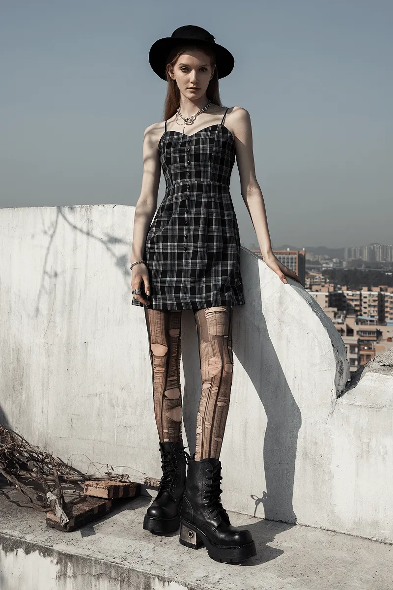 Chic Plaid Button-Front Dress with Thin Straps