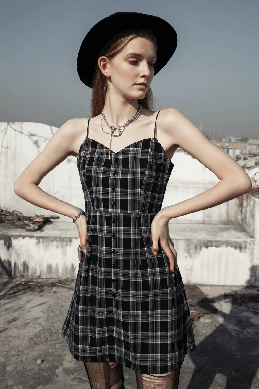 Chic Plaid Button-Front Dress with Thin Straps