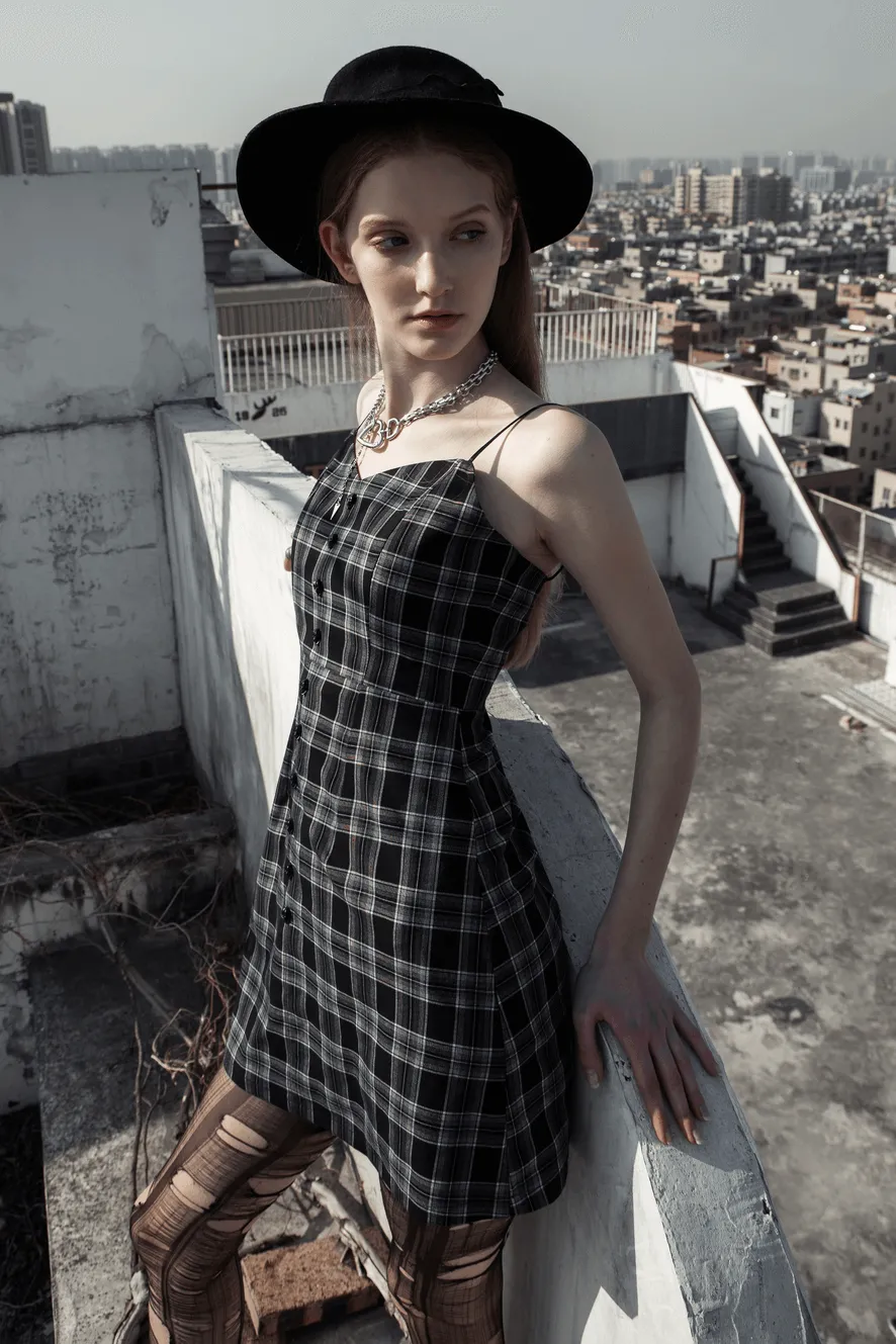 Chic Plaid Button-Front Dress with Thin Straps
