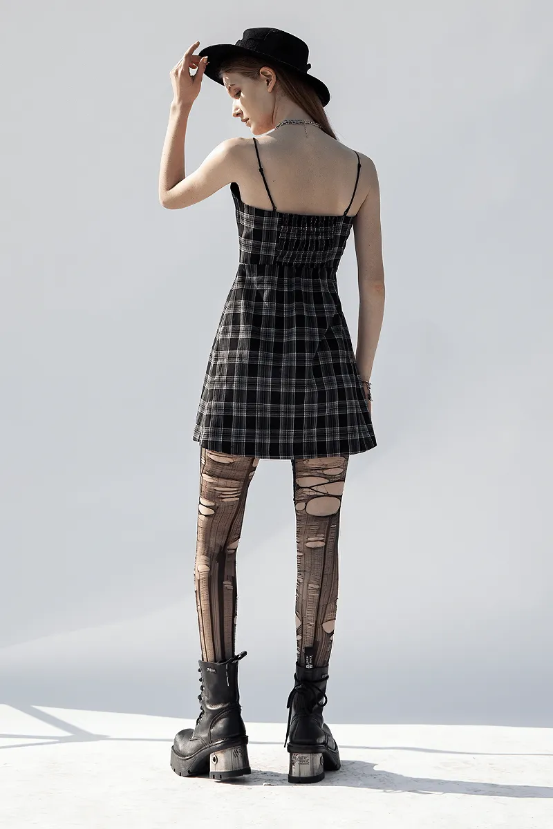 Chic Plaid Button-Front Dress with Thin Straps