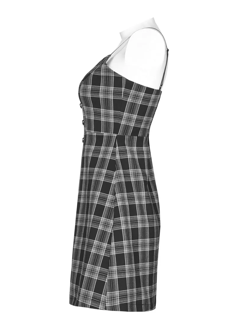 Chic Plaid Button-Front Dress with Thin Straps