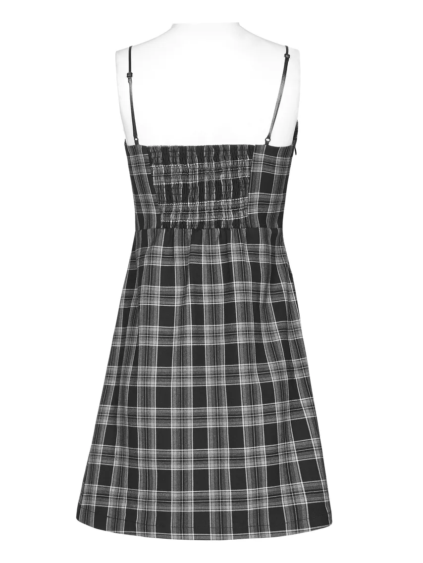Chic Plaid Button-Front Dress with Thin Straps