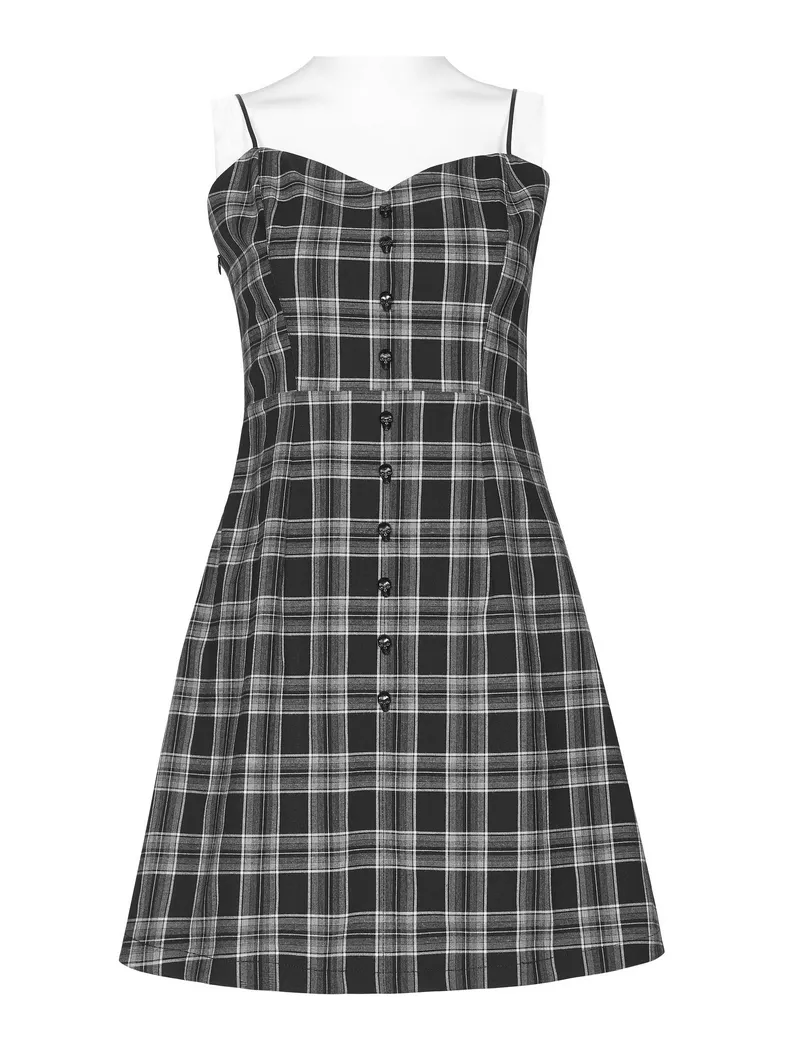 Chic Plaid Button-Front Dress with Thin Straps