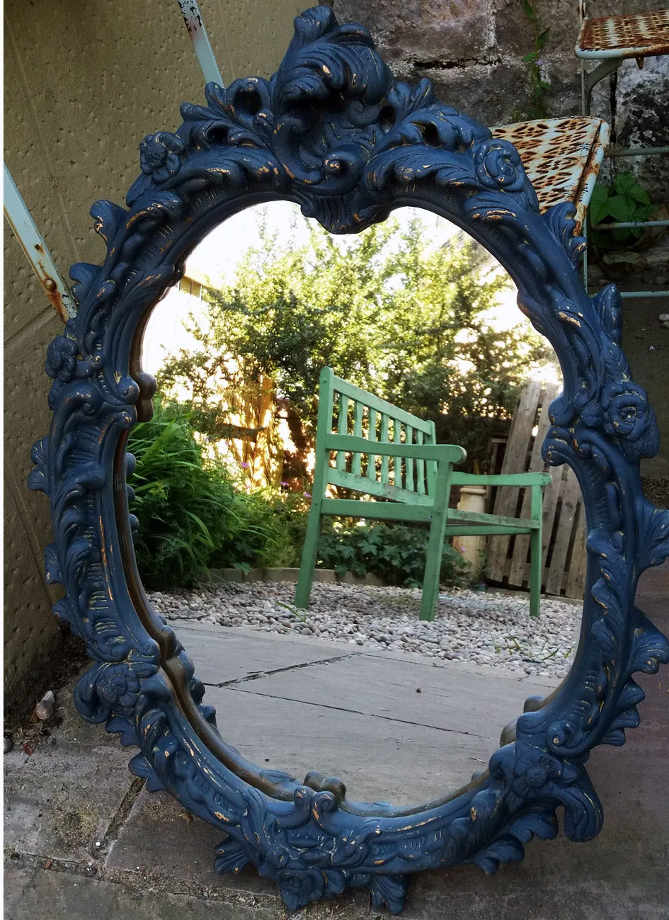 Chunky ornate gold mirror in a custom mix of miss mustard seed milk paint.