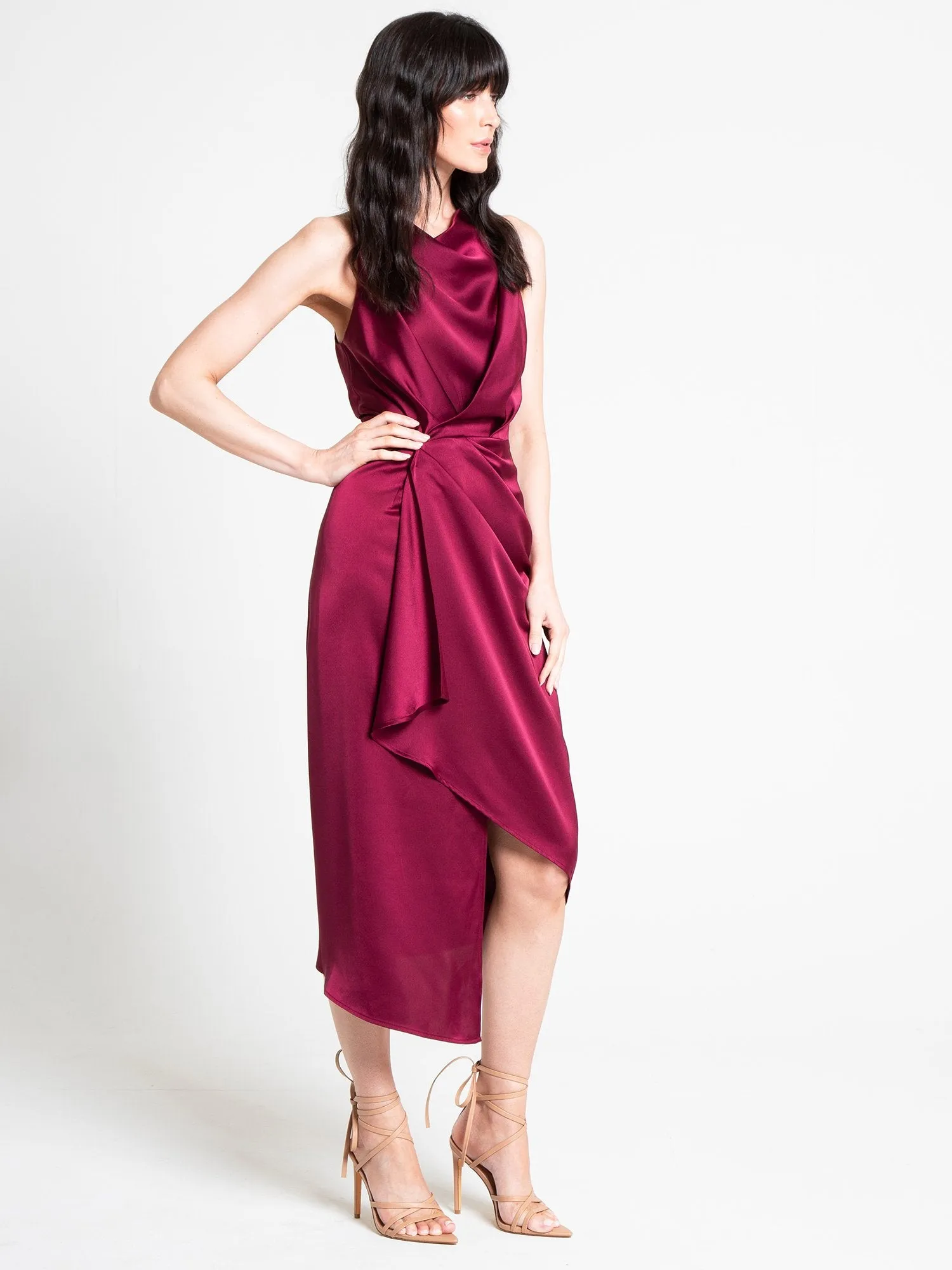 Cowl-Neck Satin Wrap Dress - Lena