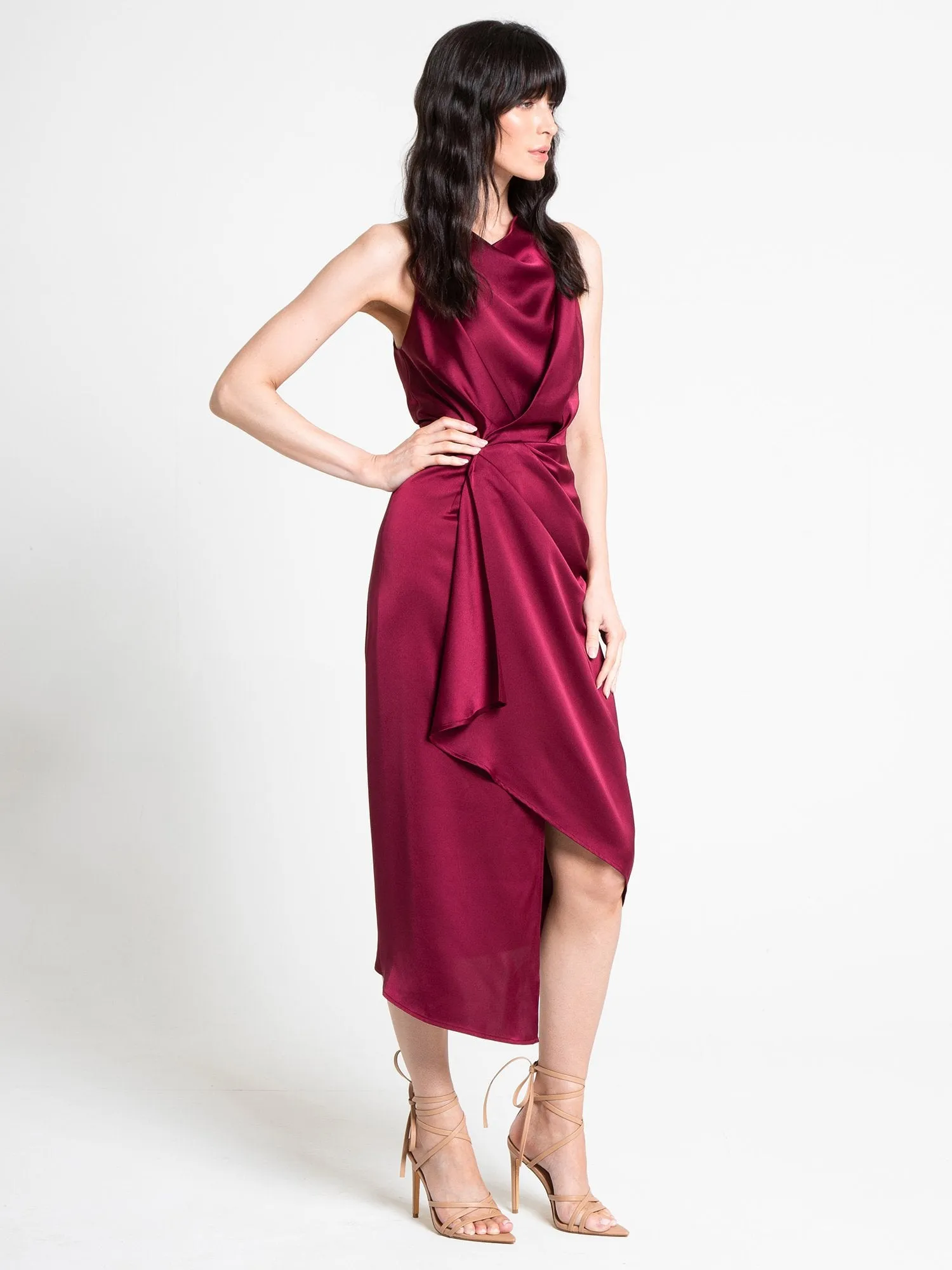 Cowl-Neck Satin Wrap Dress - Lena