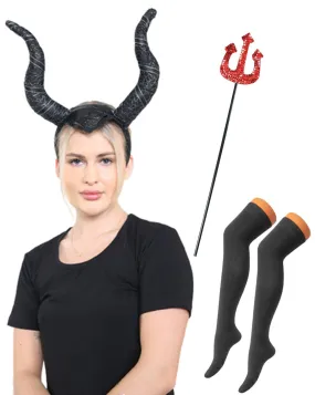 Enchanting Fairytale Witch Horns Headband, Red Sequin Fork & Black OTK Socks Halloween Costume Set