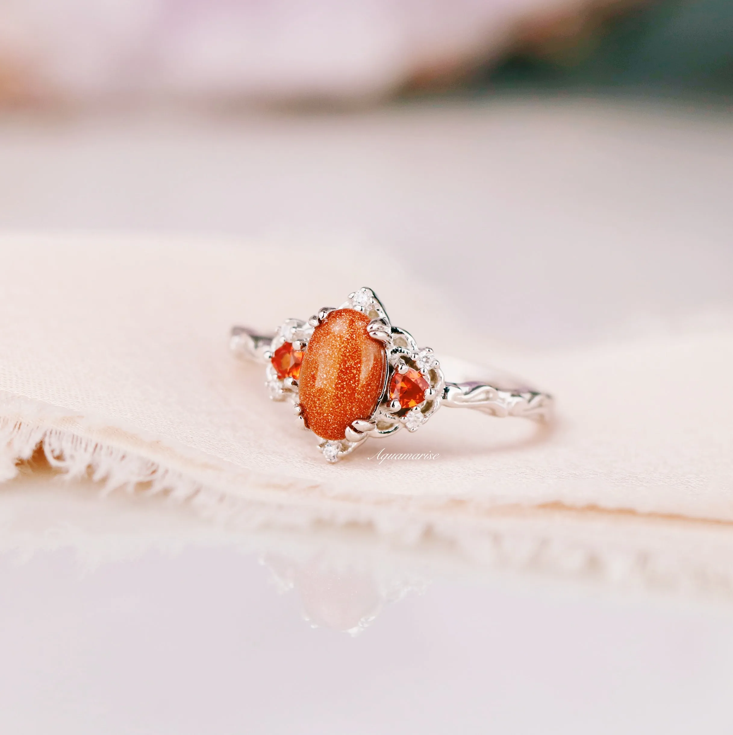 Esme Red Sandstone & Orange Sapphire Ring- 925 Sterling Silver