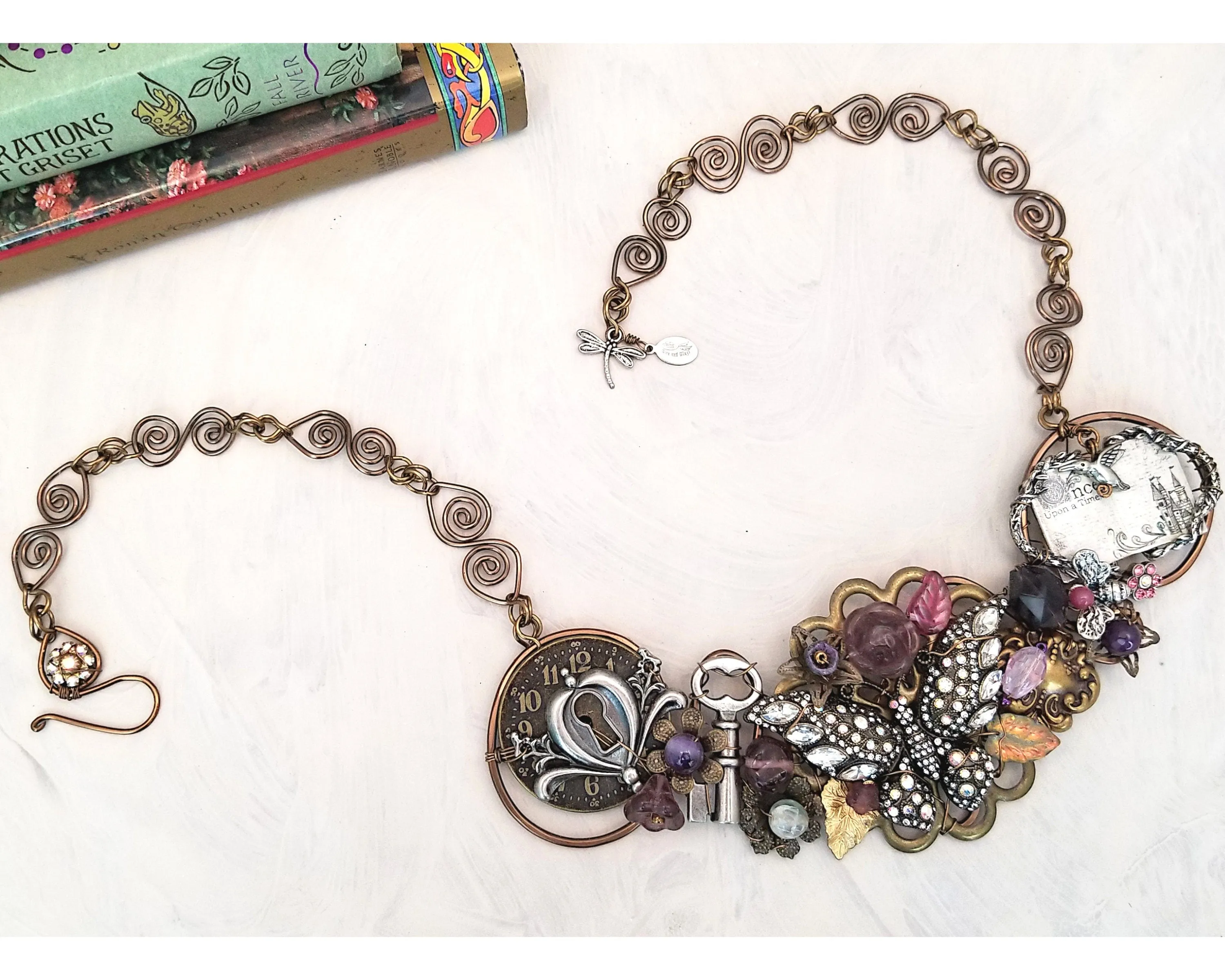 Fairytale Butterfly Bib Statement Necklace in Purple, Fairytale Book   Key, Adjustable Length Fantasy Floral