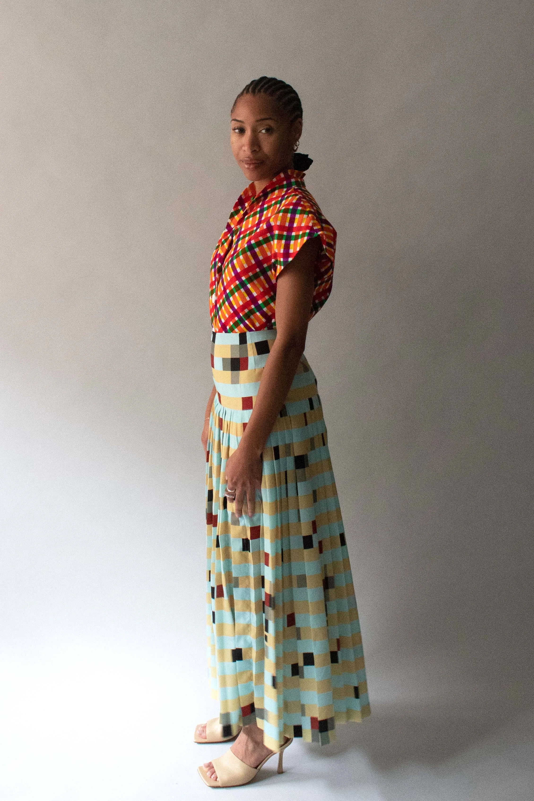 Fendi Turquoise Multicolor Plaid Silk Pleated Skirt