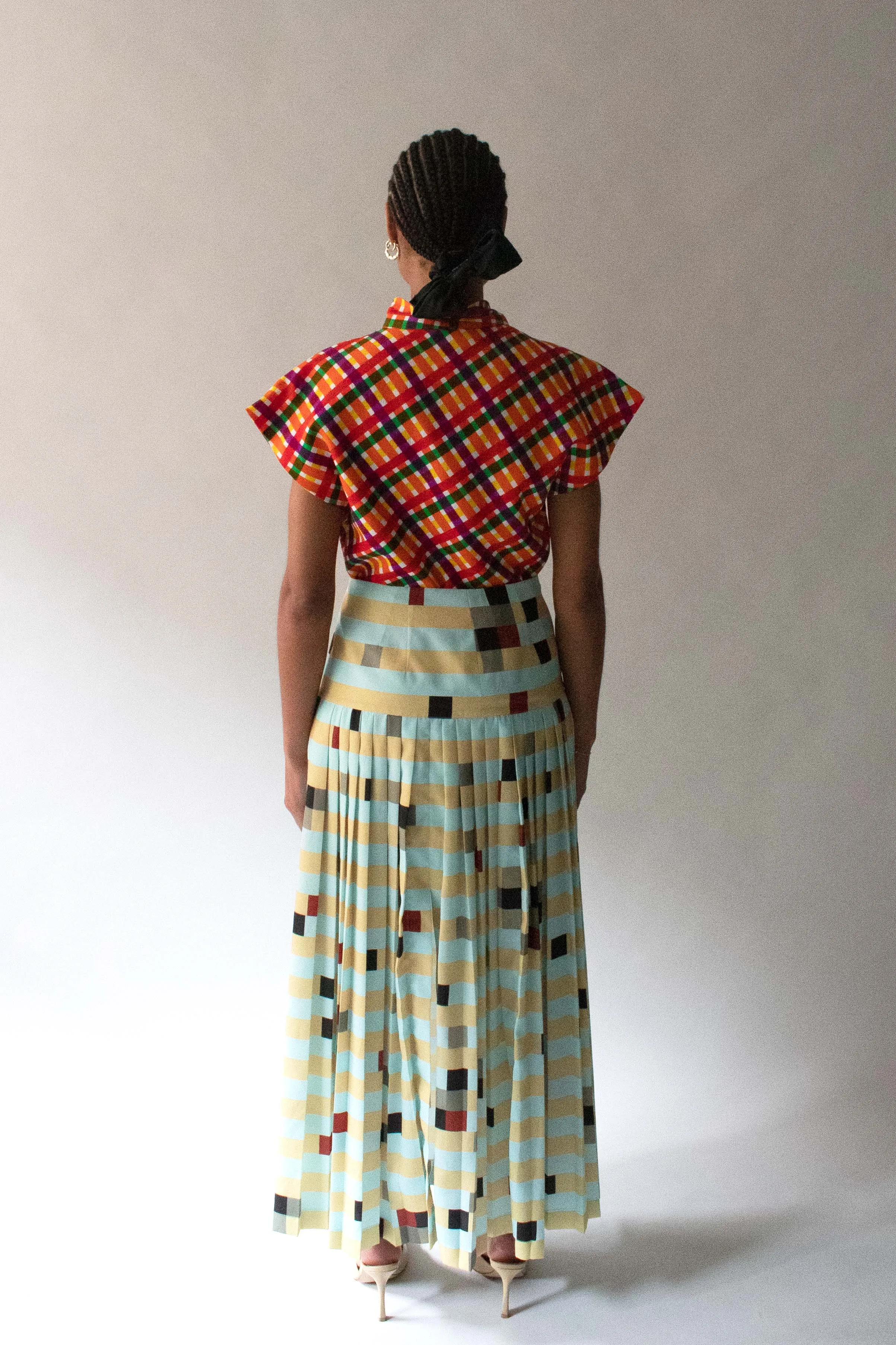 Fendi Turquoise Multicolor Plaid Silk Pleated Skirt