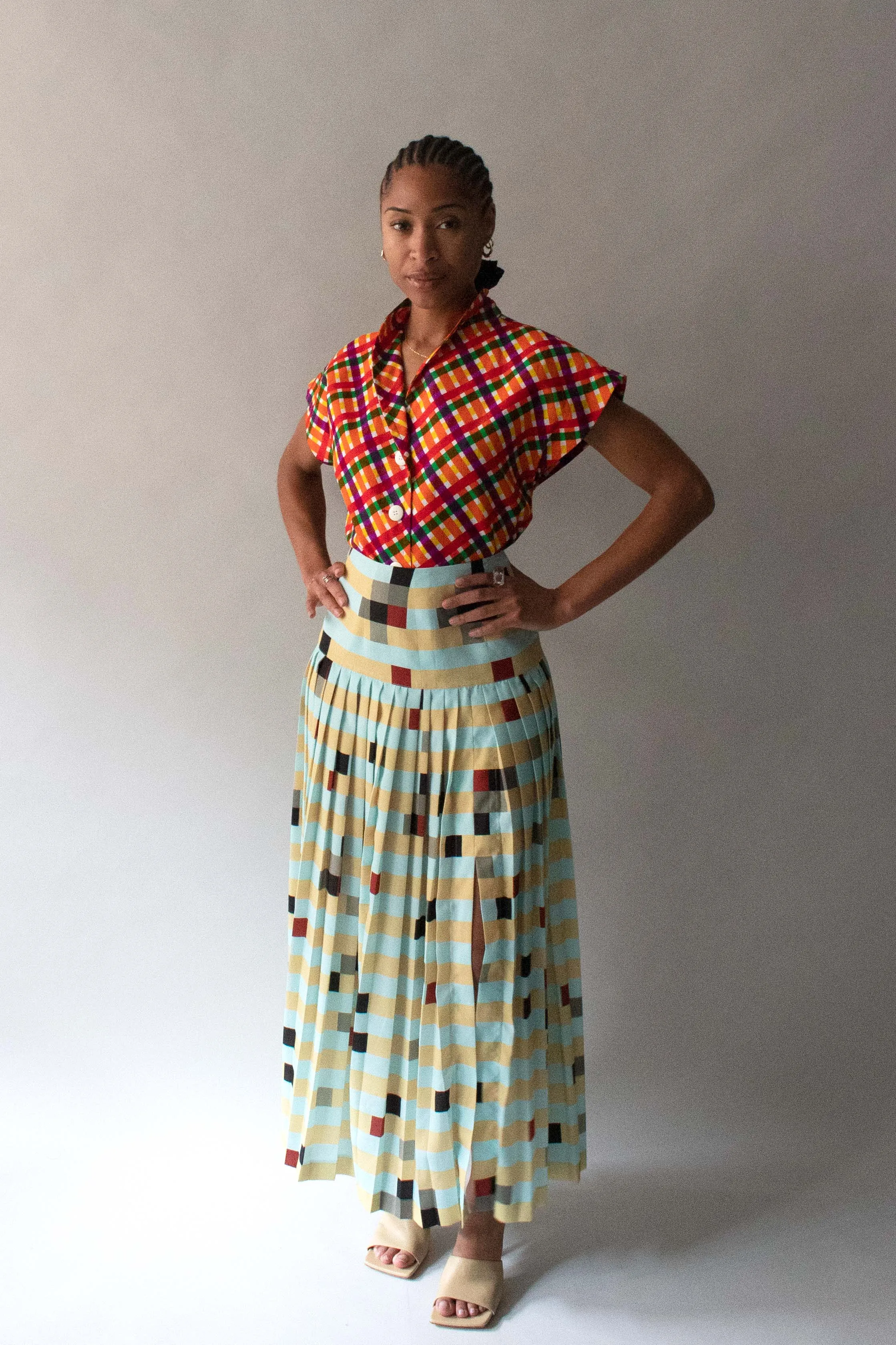 Fendi Turquoise Multicolor Plaid Silk Pleated Skirt