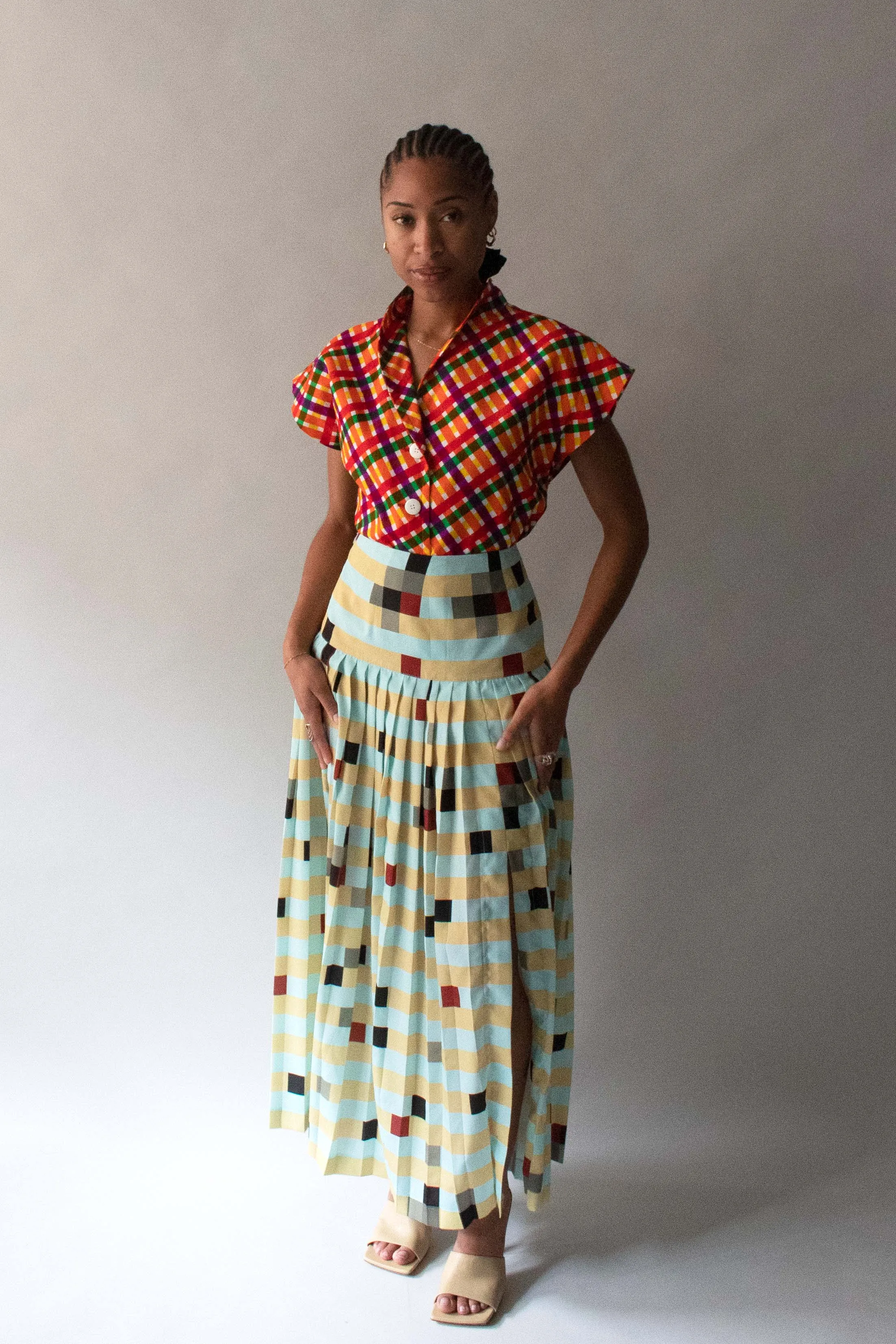 Fendi Turquoise Multicolor Plaid Silk Pleated Skirt