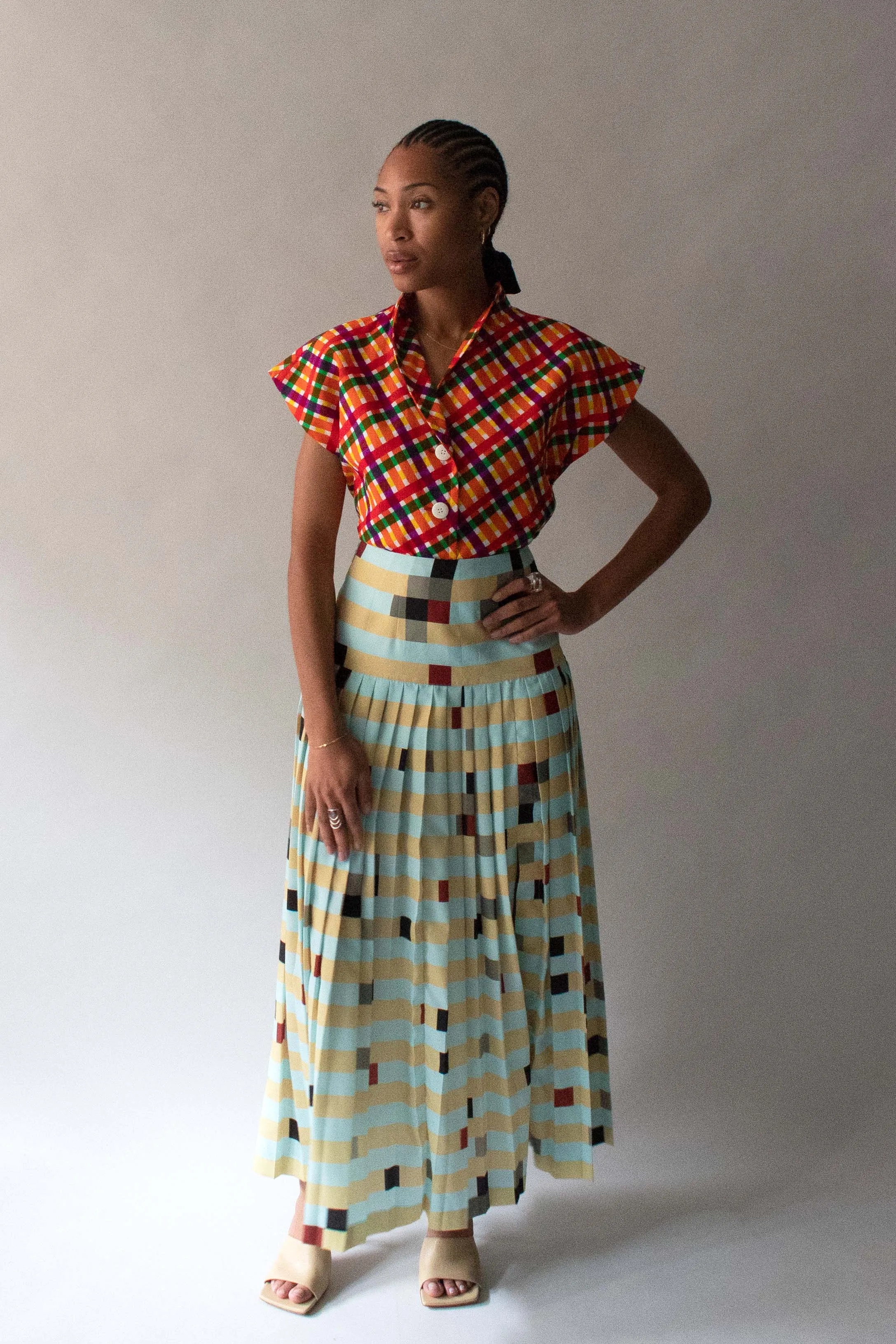 Fendi Turquoise Multicolor Plaid Silk Pleated Skirt