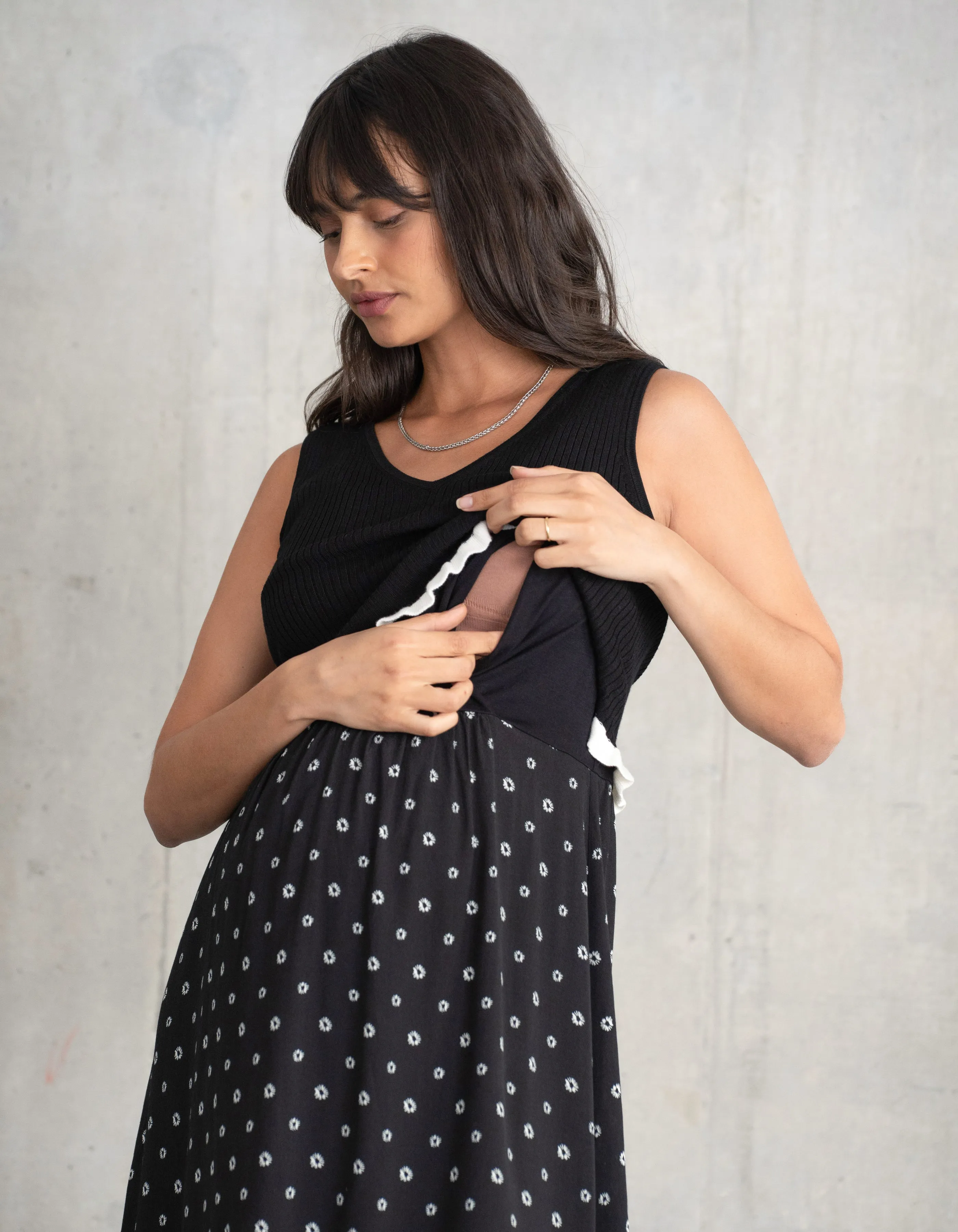 Frill Knit Maternity   Nursing Vest Top with Woven Skirt
