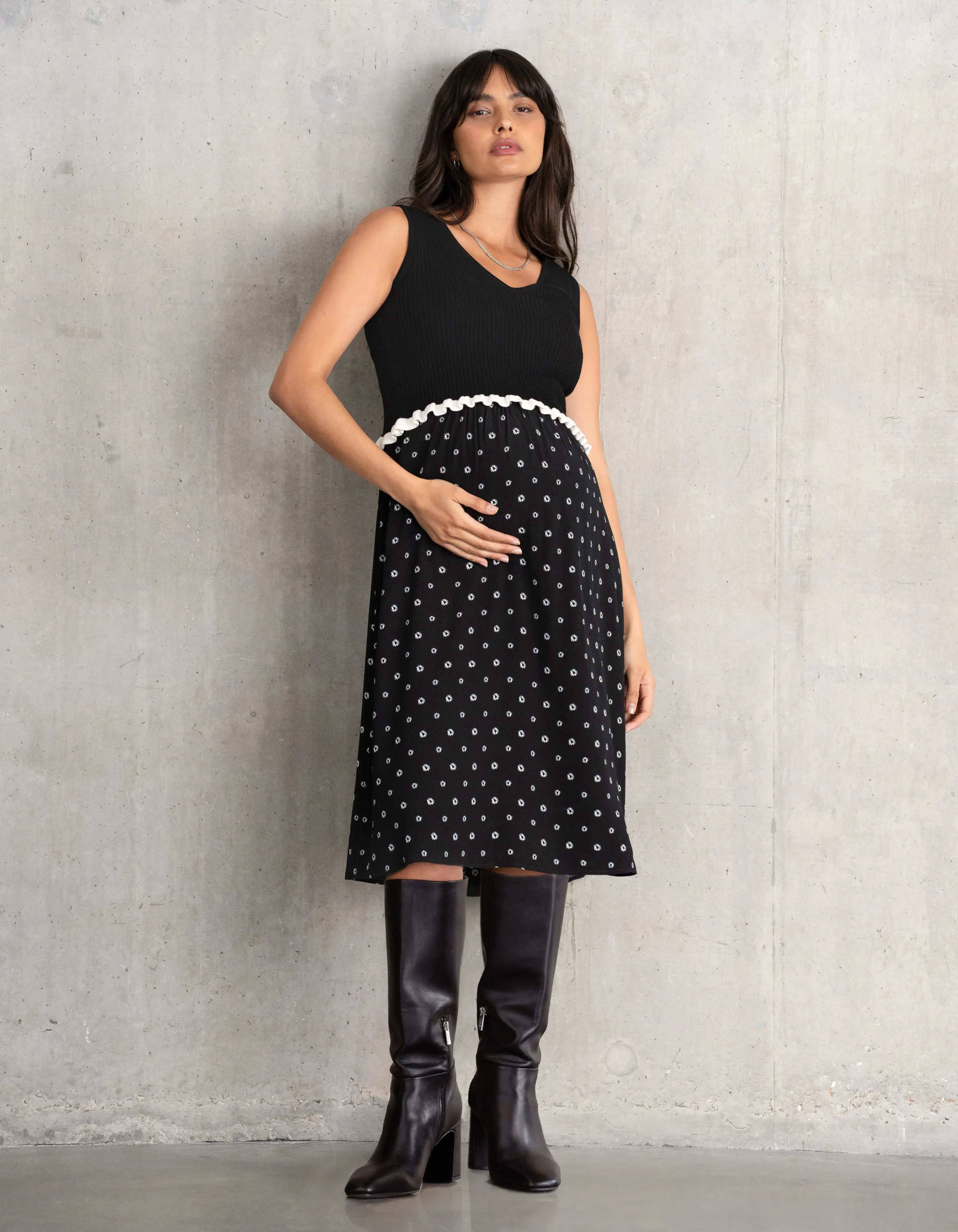 Frill Knit Maternity   Nursing Vest Top with Woven Skirt