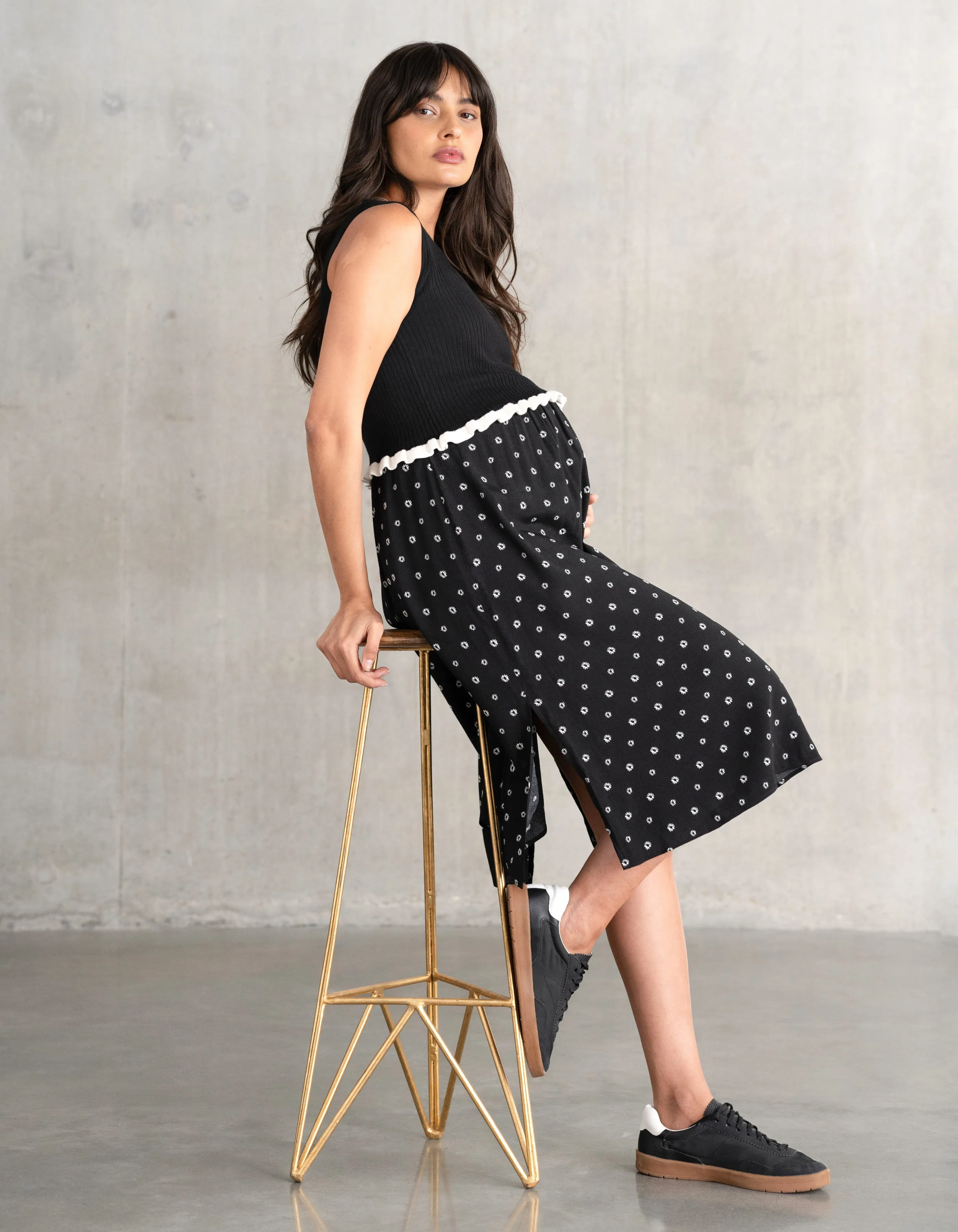 Frill Knit Maternity   Nursing Vest Top with Woven Skirt