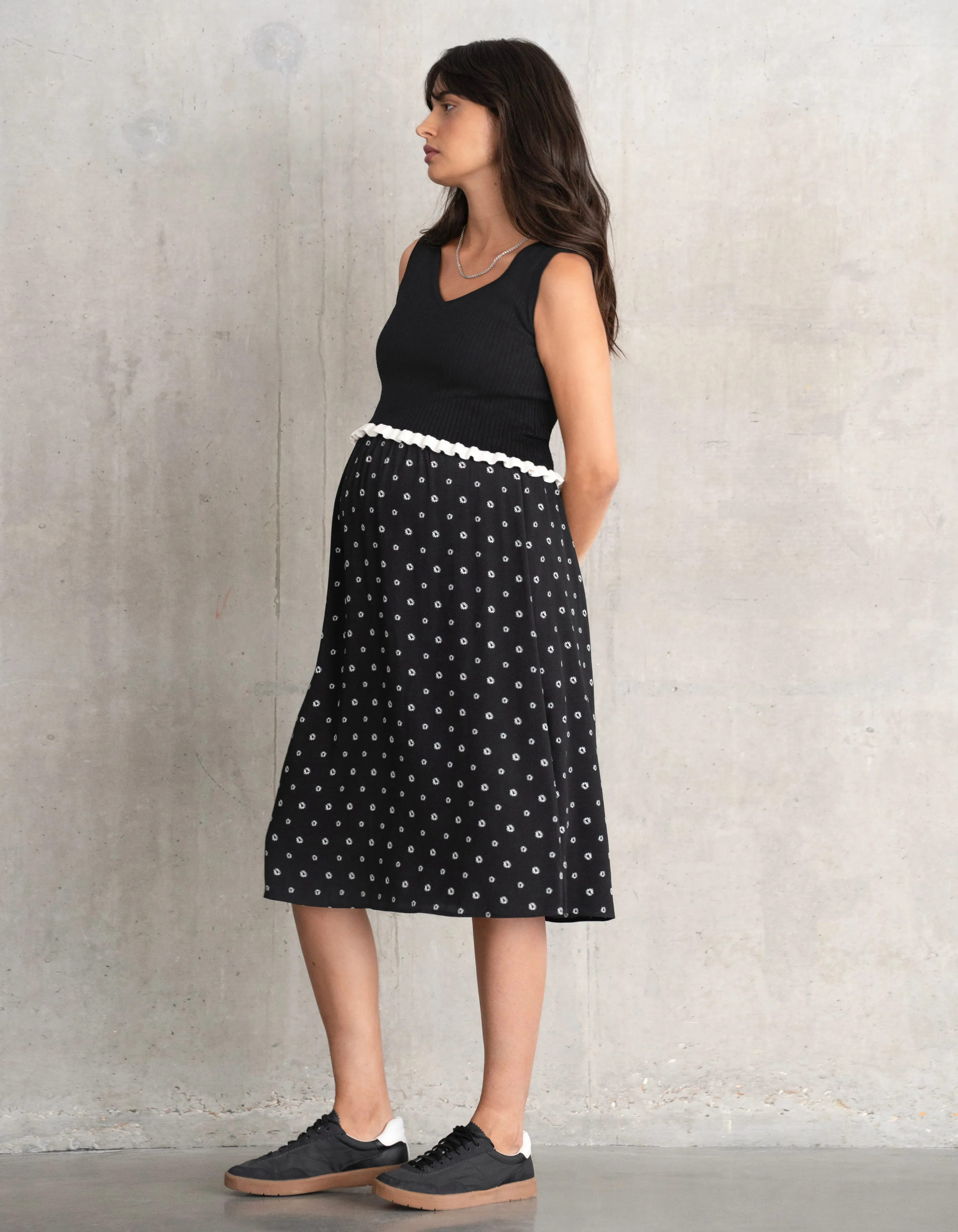 Frill Knit Maternity   Nursing Vest Top with Woven Skirt