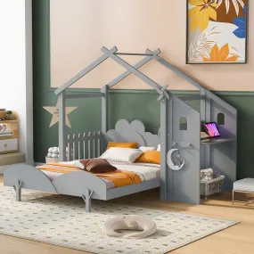 Full Size Platform Bed with Windmill and Flower Decor, House Bed with Desk and two hooks, Gray