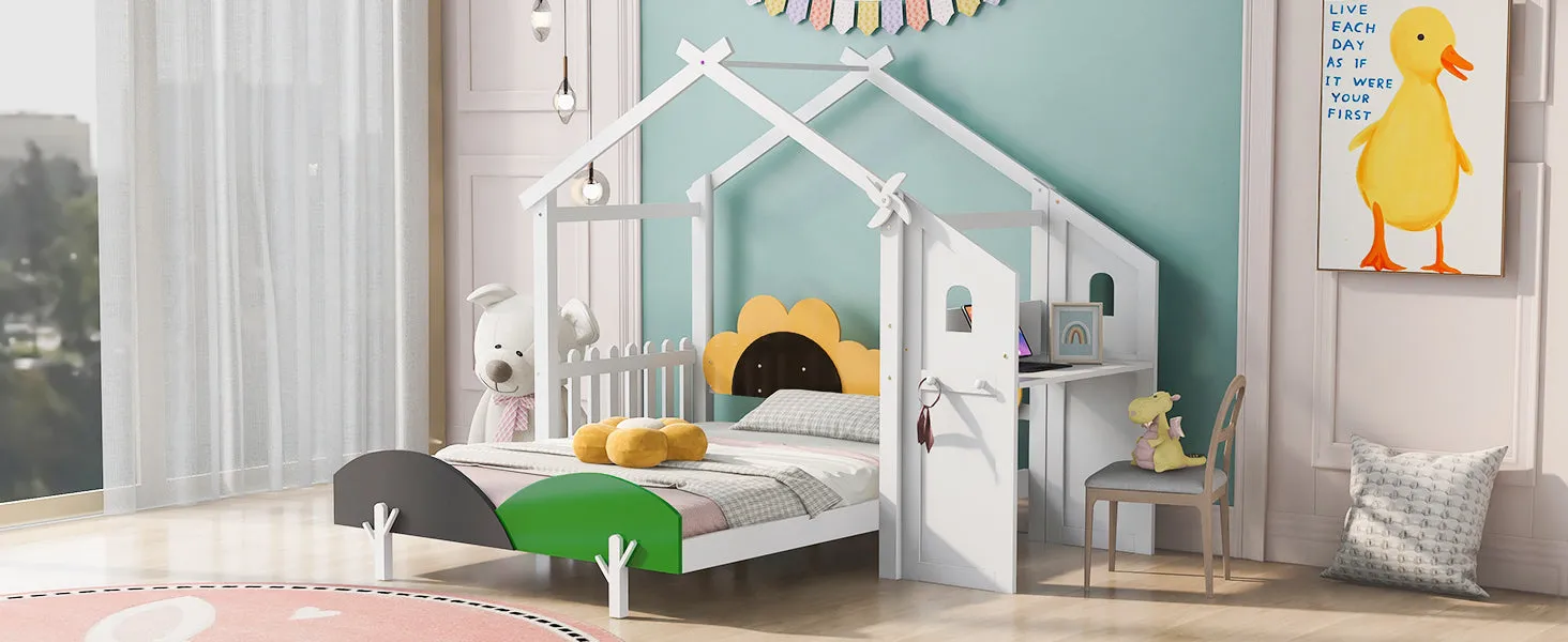 Full Size Platform Bed with Windmill and Flower Decor, House Bed with Desk and two hooks, White