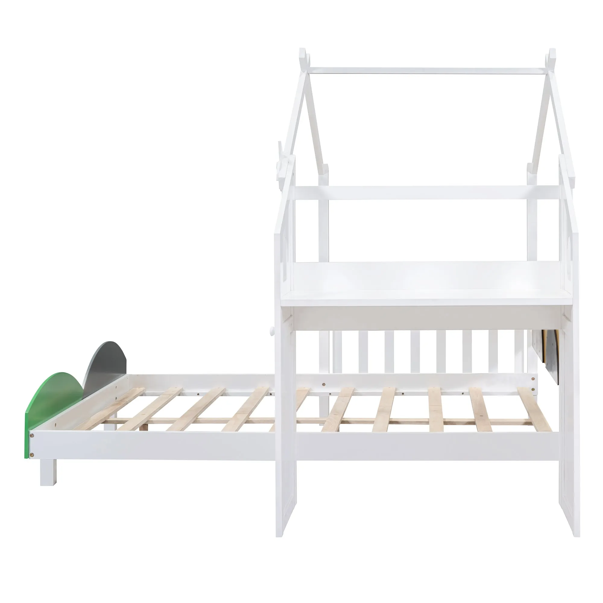 Full Size Platform Bed with Windmill and Flower Decor, House Bed with Desk and two hooks, White
