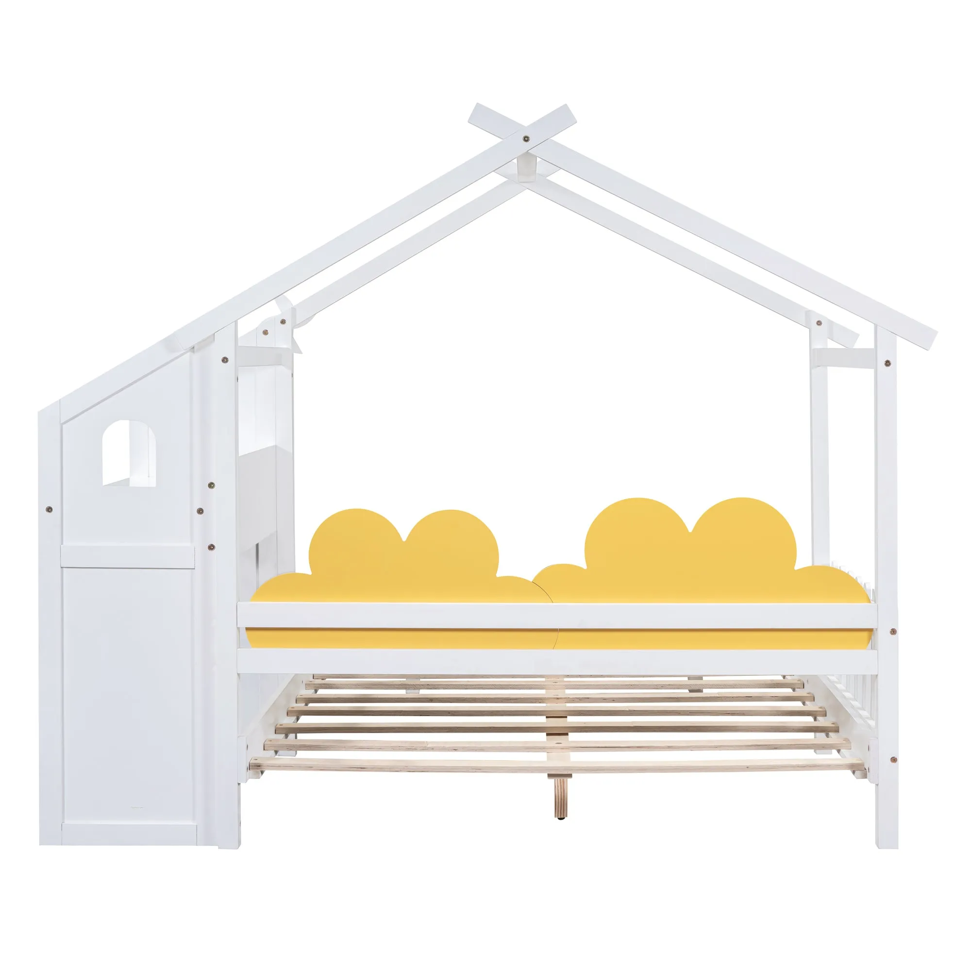 Full Size Platform Bed with Windmill and Flower Decor, House Bed with Desk and two hooks, White