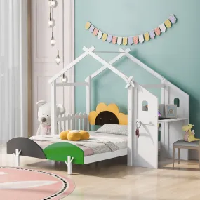 Full Size Platform Bed with Windmill and Flower Decor, House Bed with Desk and two hooks, White