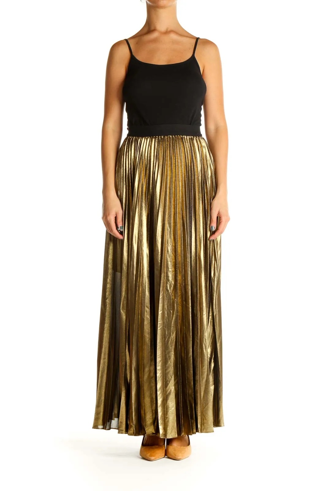 Gold Pleated Retro Flared Skirt