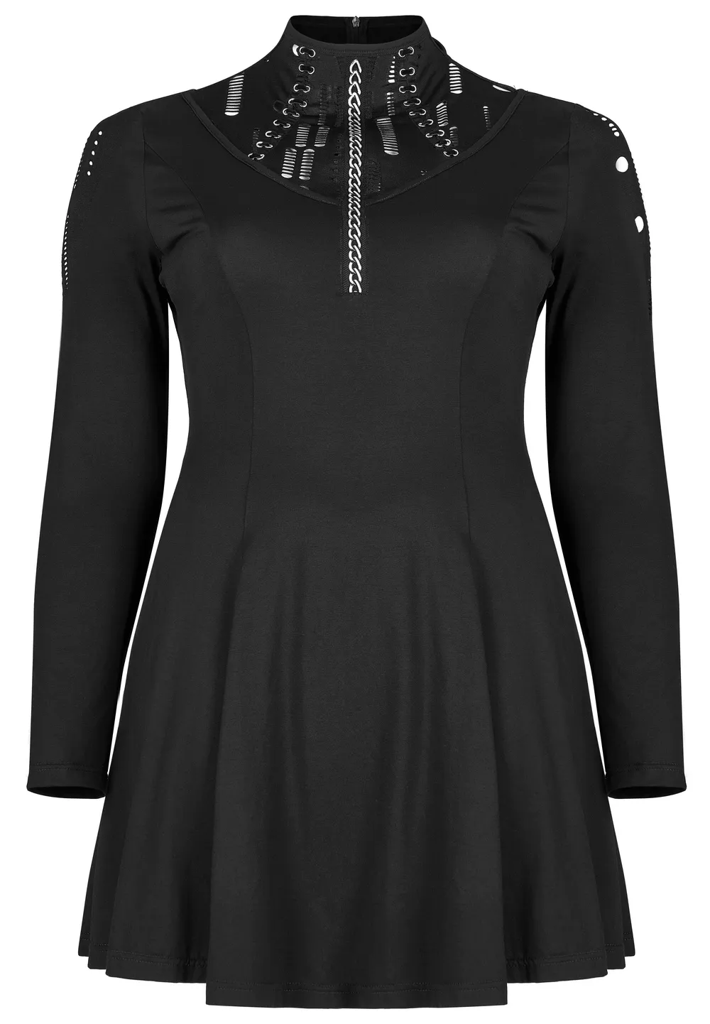 Gothic Skater Dress with Mesh Accents and Chain Print