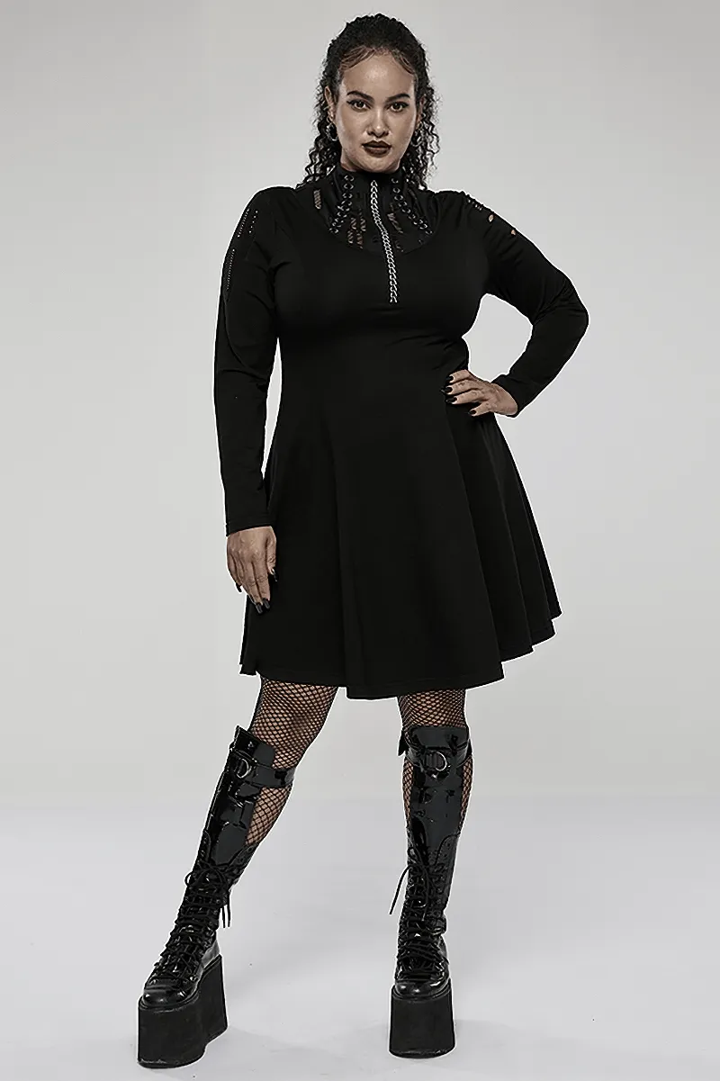 Gothic Skater Dress with Mesh Accents and Chain Print