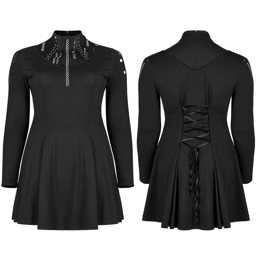 Gothic Skater Dress with Mesh Accents and Chain Print