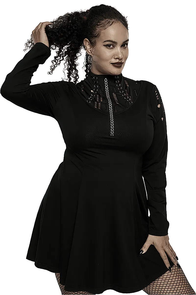 Gothic Skater Dress with Mesh Accents and Chain Print